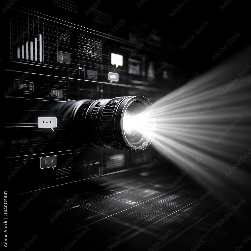 Poster illuminating lens: a glimpse into data insights, projecting through the digital realm with bright ra