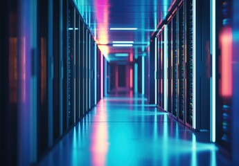 Futuristic server room with blue and pink neon lights reflecting on sleek floors, ideal for cloud computing projects, cybersecurity marketing, and innovative technology themes