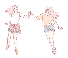 Two friends are joyfully roller skating together, holding hands while radiating happiness and friendship