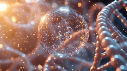 3D - rendered clear bubble with molecular structures in shimmering tones, set against a vibrant DNA - based background, showcasing cutting - edge molecular beauty innovation.