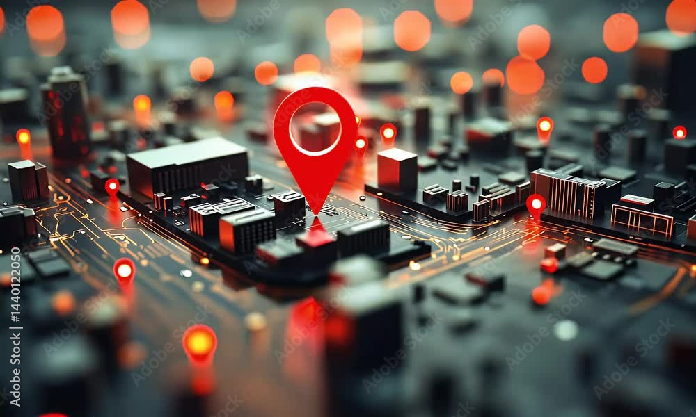 Poster close-up of a 3d city map with glowing location pins, symbolizing gps navigation, geolocation servic
