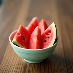 Fresh watermelon slices arranged in a ceramic bowl on a wooden table, healthy, summer, fruit
