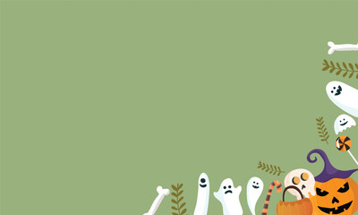 Green Halloween Design with Ghosts and Autumn Pumpkins