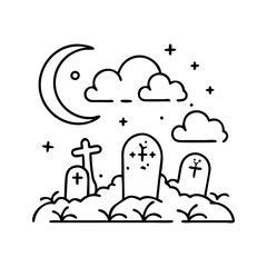moonlit graveyard icon, moonlit graveyard line art - simple line art of moonlit graveyard, perfect for moonlit graveyard logos and icons