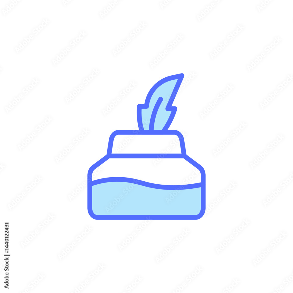 Poster ink bottle with feather quill sitting on a simple background representing artistic stationery icon f