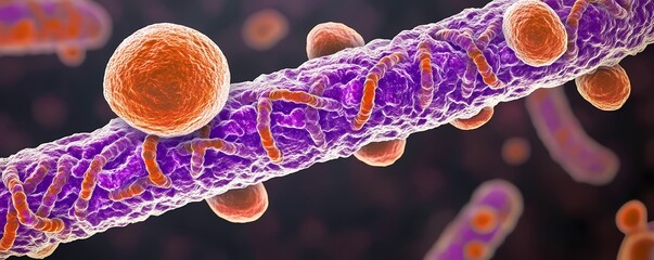 Close up of a purple and orange microscopic structure with spherical and rod shaped elements around it
