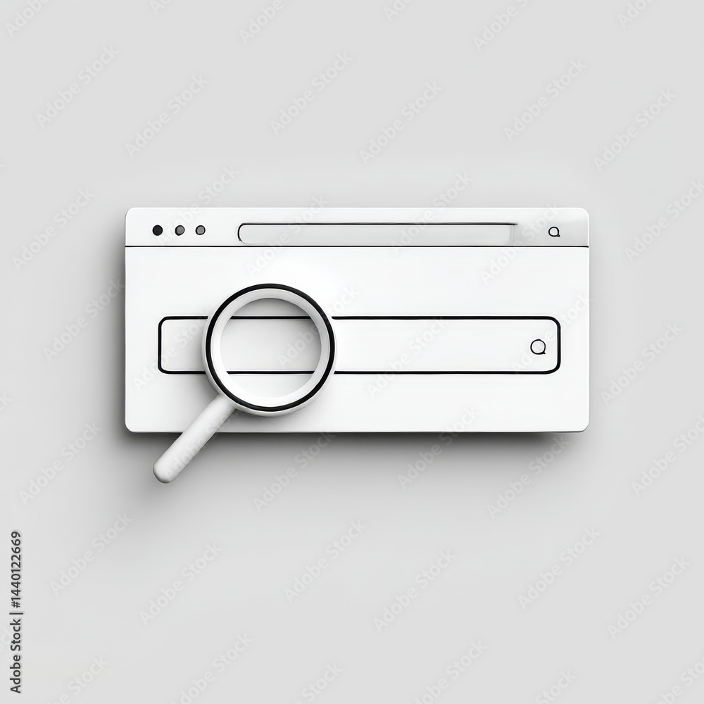 Poster search the internet: a magnifying glass on a white browser window interface, highlighting the quest 