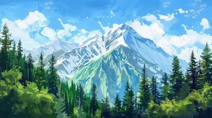 Mountain landscape with green grass and blue sky with clouds at sunset ,Beautiful mountain landscape with green meadow and snow-capped peaks