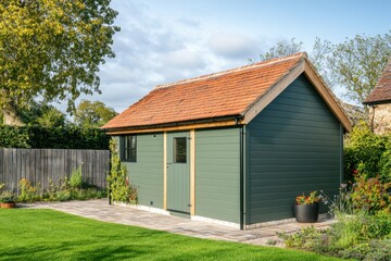 Obraz premium Nestled amidst lush greenery, this delightful garden shed is a picturesque feature of a peaceful backyard on a sunny, clear day