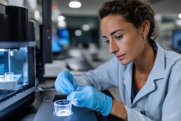 A focused scientist carefully examining a sample under bright lab lights, emphasizing the dedication to research and discovery in a modern scientific environment.