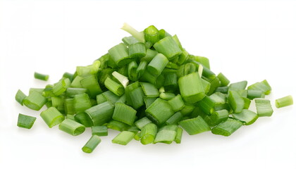 Pile of vibrant green scallion rings sits on white, their crisp layers and fresh aroma promising a zesty garnish for soups, salads, stir-fries, and Asian dishes, highlighting culinary prep simplicity