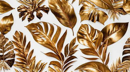 Glittering golden tropical leaves on a white background