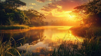 golden evening sunbeams glisten on a tranquil pond, Beautiful summer landscape with lake and trees on the shore at sunset