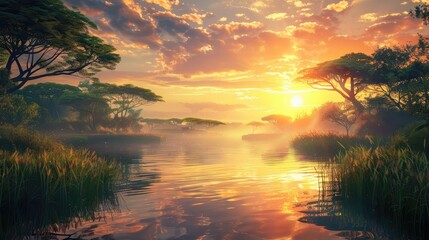 golden evening sunbeams glisten on a tranquil pond, Beautiful summer landscape with lake and trees on the shore at sunset
