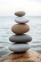 A stack of smooth, round stones balanced on top of each other against the backdrop of an ocean view
