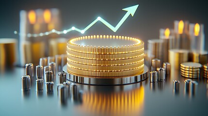 Coin stack and arrow shows growth on shiny surface with coin stacks background