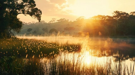golden evening sunbeams glisten on a tranquil pond, Beautiful summer landscape with lake and trees on the shore at sunset