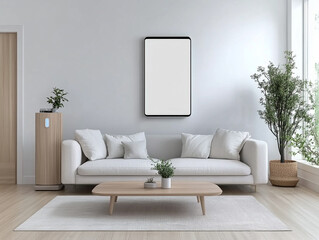 3D render of a high-tech living room design with digital assistant, open layout for text placement