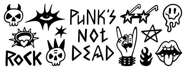 Cute hand-drawn punk rock stickers, tattoo art elements and phrases. Punk is not dead doodle concept set. Vector illustration.