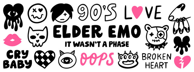 Cute hand-drawn elder emo stickers, tattoo art elements and phrases. Creepy love doodle concept set. Vector illustration.