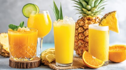 Assortment of Vibrant Tropical Cocktails Garnished With Fresh Fruits Served in Elegant Glassware