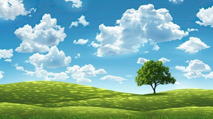 beautiful green field during springtime ,Panoramic natural landscape with green grass field and blue sky with clouds with curved horizon line
