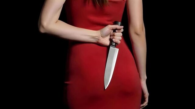 Femme fatale, crazy woman in a red dress with a knife behind her back