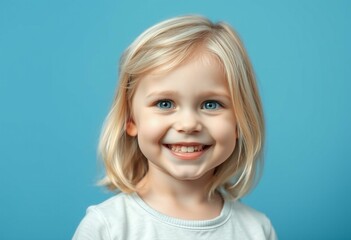 Blonde toddler with a big smile and a soft, gradient blue background