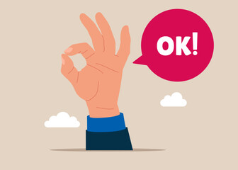 Hand businessman shows the ok. Succeed in work. People like. Rating, survey, marketing, business success. Positive feedback. Flat vector illustration