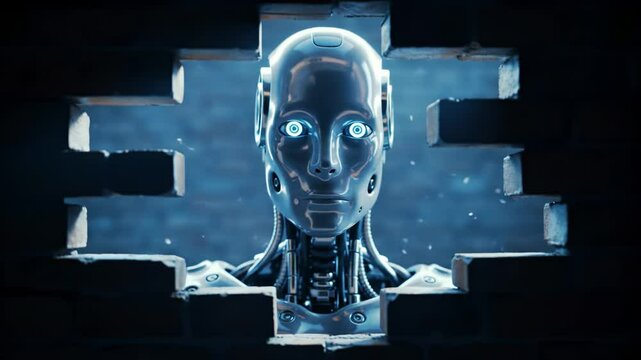 A shiny humanoid robot peers through a broken wall in an advanced environment. Its glowing blue eyes indicate curiosity as it examines its surroundings in the dark.