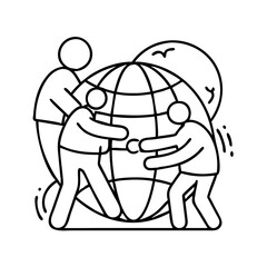 people hugging globe icon, people hugging globe line art - simple line art of people hugging globe, perfect for people hugging globe logos and icons