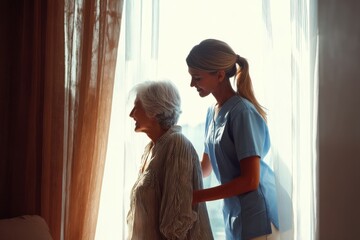 Fototapeta premium A young caregiver assists an elderly woman, offering support and gentle guidance as they stand by a window bathed in soft sunlight.
