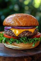 Juicy cheeseburger with fresh toppings on wooden board, showcasing vibrant lettuce, tomato, onion, and golden bun against blurred green background