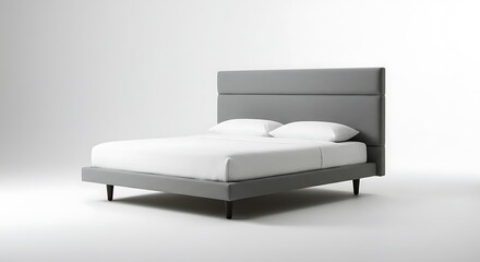 Bed with rustic headboard upholstered in gray fabric