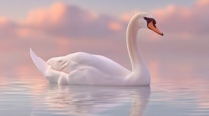 Fototapeta premium Elegant Swan Gracefully Gliding Across Calm Waters at Sunset Surrounded by Soft Pastel Colors in the Sky