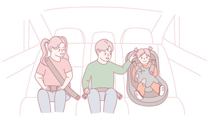 A loving and affectionate family safely embarking on a travel adventure with their infant secured in a car seat