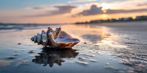 Seashell on the beach at sunset