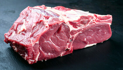 A close-up of fresh, raw meat with marbled fat, resting on a dark surface. The rich red color and detailed texture emphasize its quality and readiness for cooking.