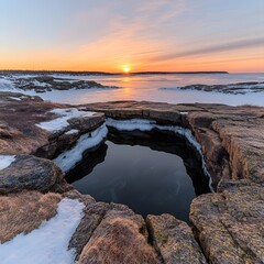 Fototapeta premium Serene Winter Sunset over a Rocky Coastline with Frozen Tidal Pool