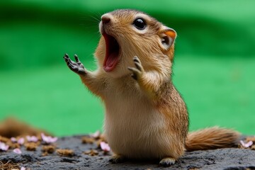 A surprised chipmunk with an open mouth and outstretched paws.