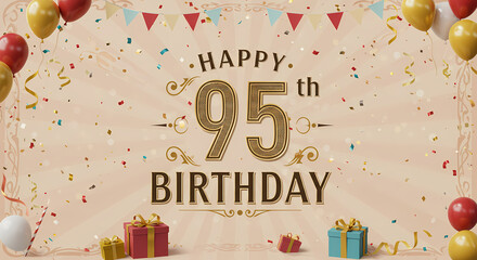 95th Birthday Background: Happy Birthday Design with Balloons and Gifts