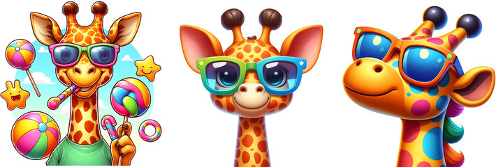 Fototapeta premium Set of 3 Cute Cartoon Giraffe Characters Wearing Sunglasses PNG