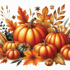 Watercolor Hand-Drawn Fall Pumpkin Composition on White Background 