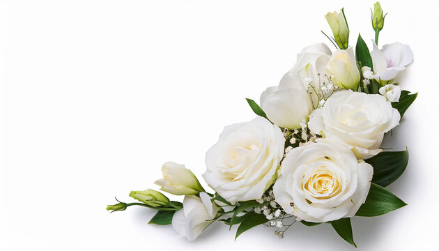 white roses and eustoma flowers in a corner arrangement isolated on white or transparent background