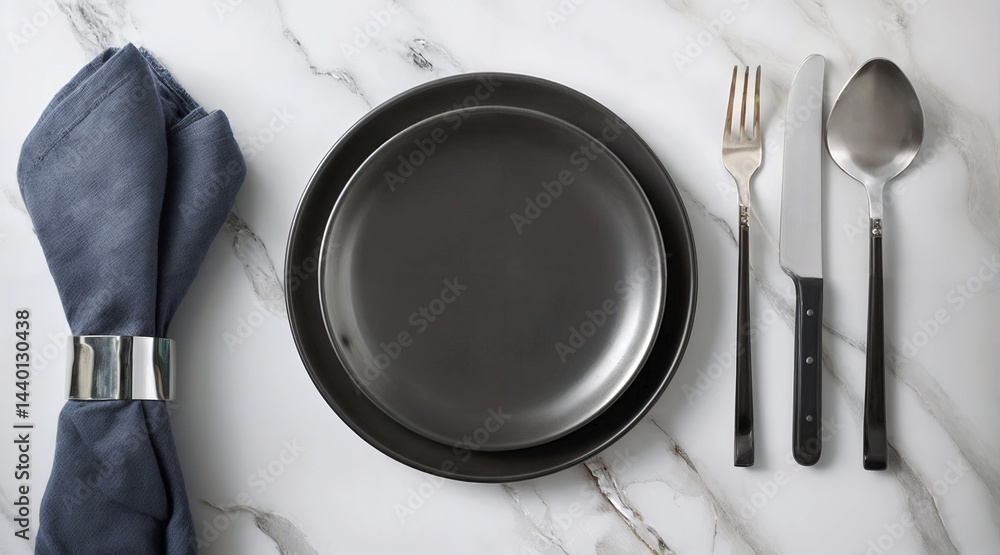 Fototapete food stylist presentation background mockup. top generative ai view of empty plates with cutlery on 
