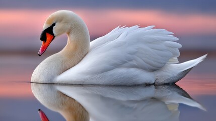 Fototapeta premium Graceful Swan Gliding Across Calm Lake at Sunset Reflecting Warm Hues in Peaceful Natural Landscape