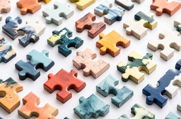 Colorful Jigsaw Puzzle Pieces Arranged on White Background Abstract Close up of a Jumbled Puzzle