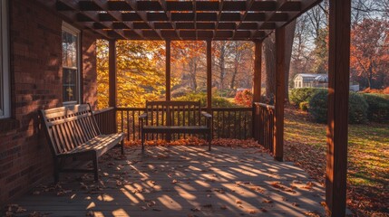 Autumn Porch Serenity: Golden Leaves and Wooden Benches