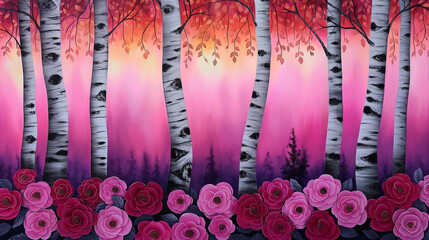 birch trees with pink sky and pink flowers. 