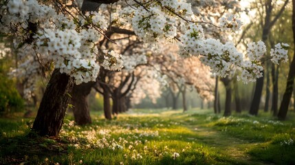 Blühende Obstbäume in Frühlingslandschaft mit Sonnenlicht
